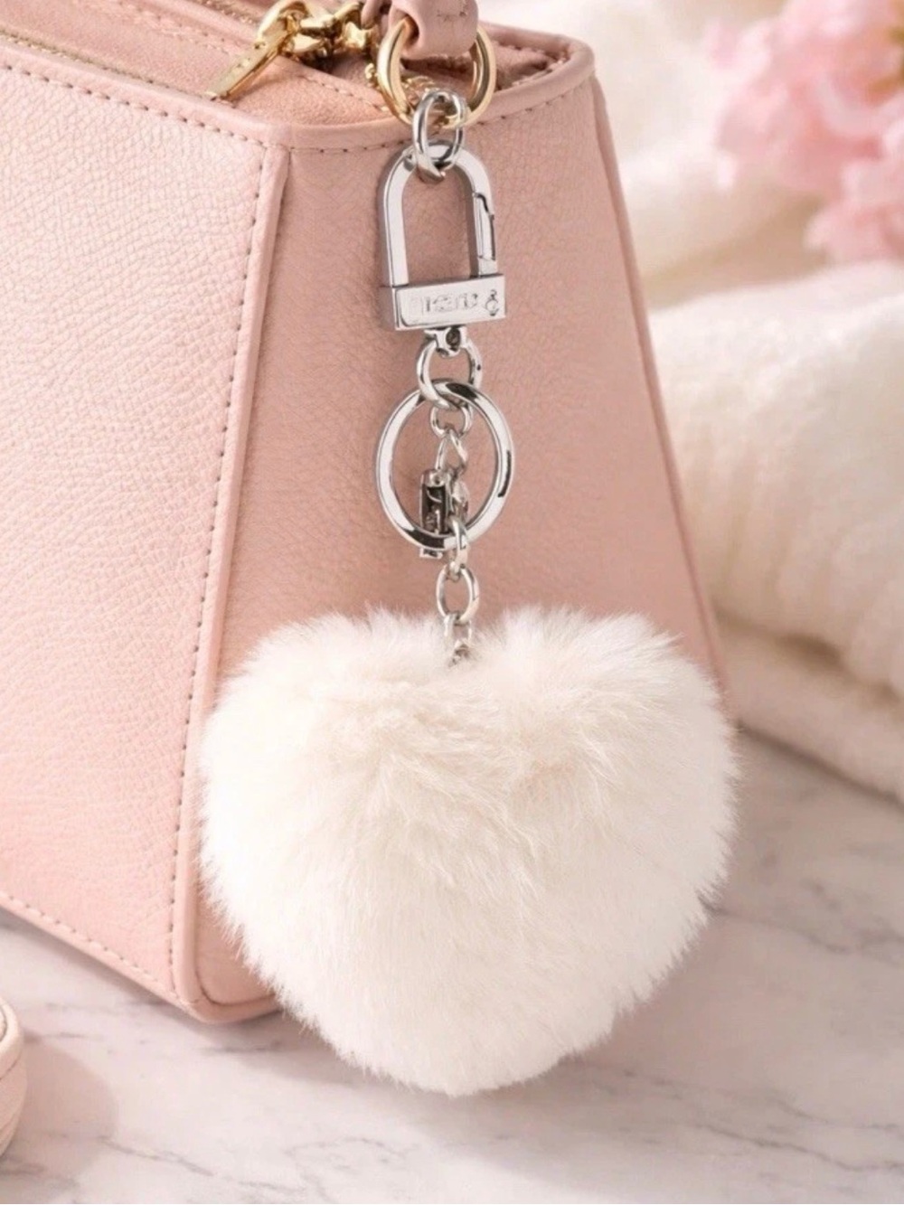 Victorias secret PINK Fluffy Heart Pom Keychain Charm - White